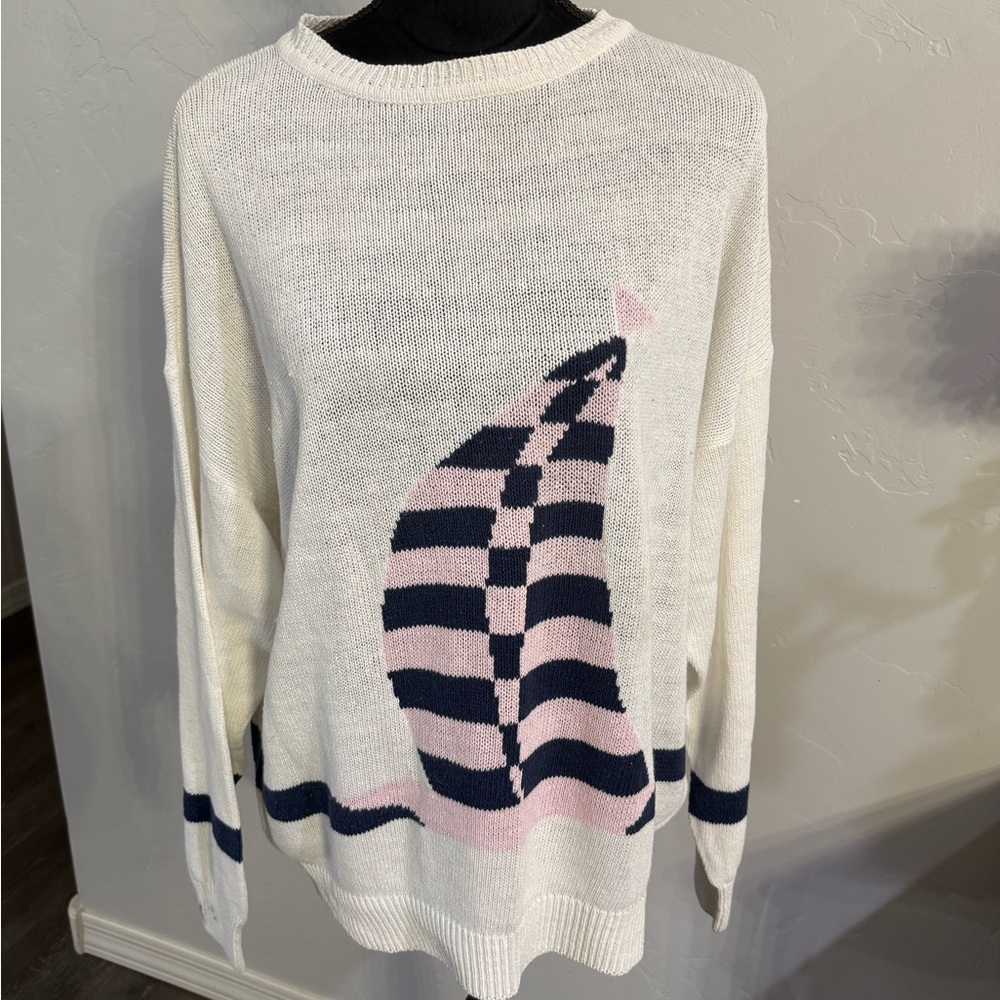 Vintage Catalina White Sweater with Pink and Navy Sailboat Design. Size XL